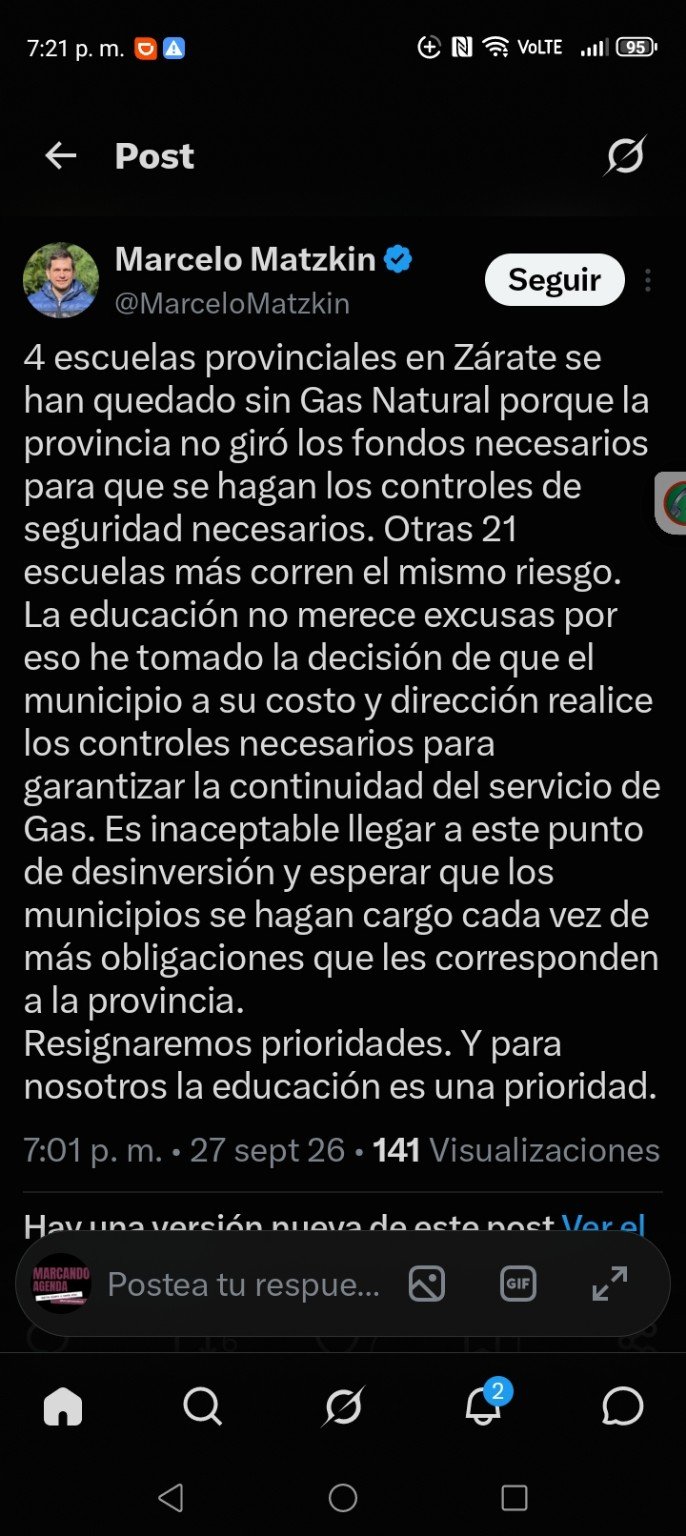 Publicación del intendente Marcelo Matzkin sobre escuelas provinciales de Zárate sin gas natural