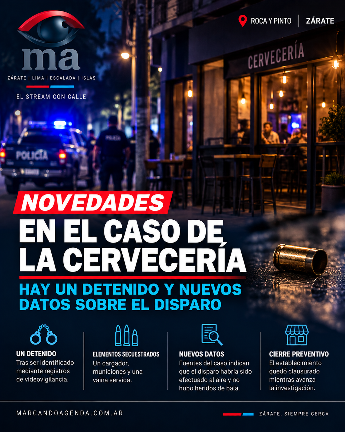 Operativo policial tras el episodio ocurrido en una cervecería de Roca y Pinto, en Zárate.
