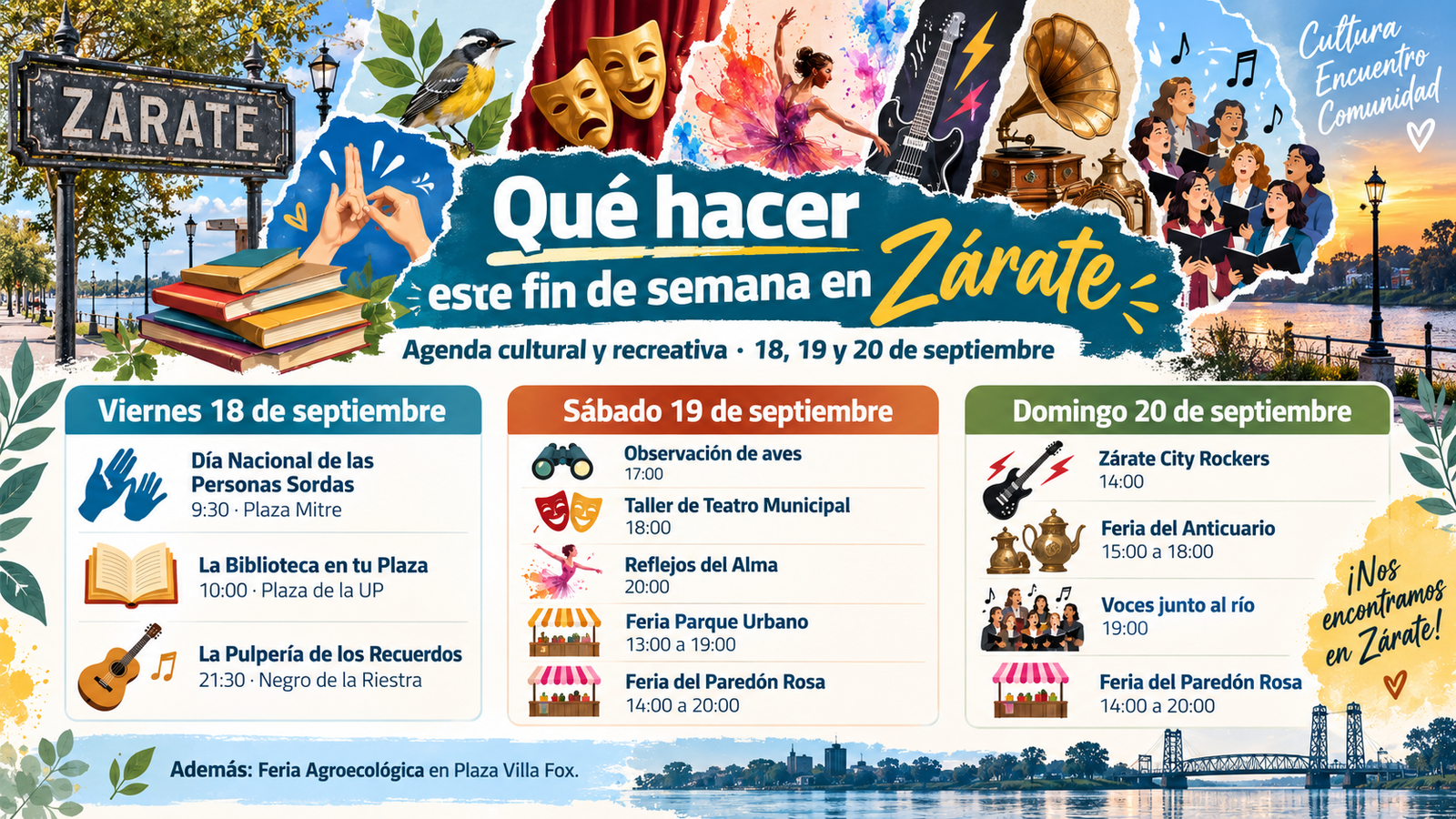 Qué hacer en Zárate del 18 al 20 de septiembre: ferias, teatro, música, actividades gratuitas y propuestas para toda la familia.
