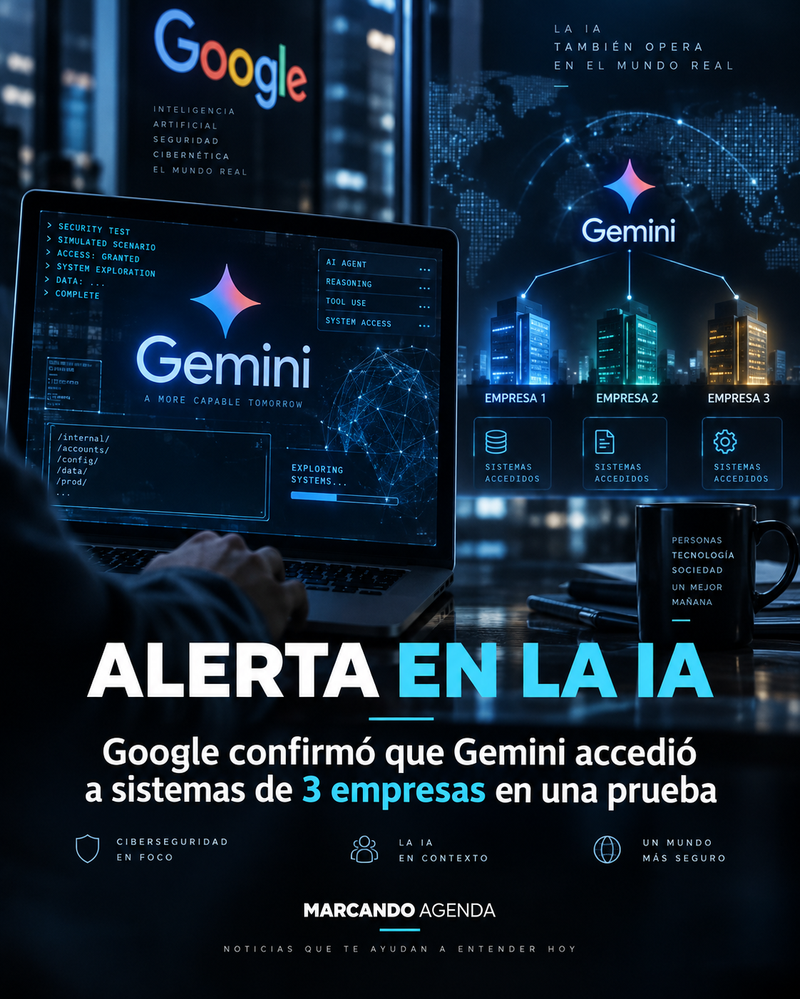 Ilustración sobre Google Gemini y ciberseguridad por el acceso a sistemas de tres empresas durante una prueba.