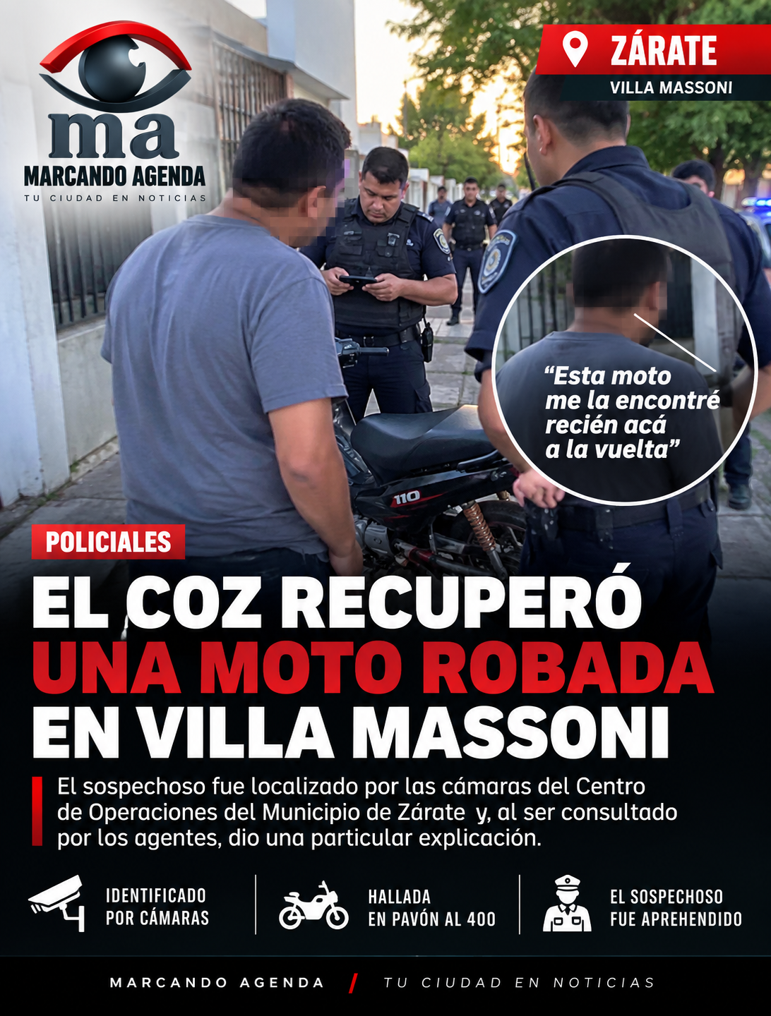 Policía recuperó una moto robada en Villa Massoni, Zárate