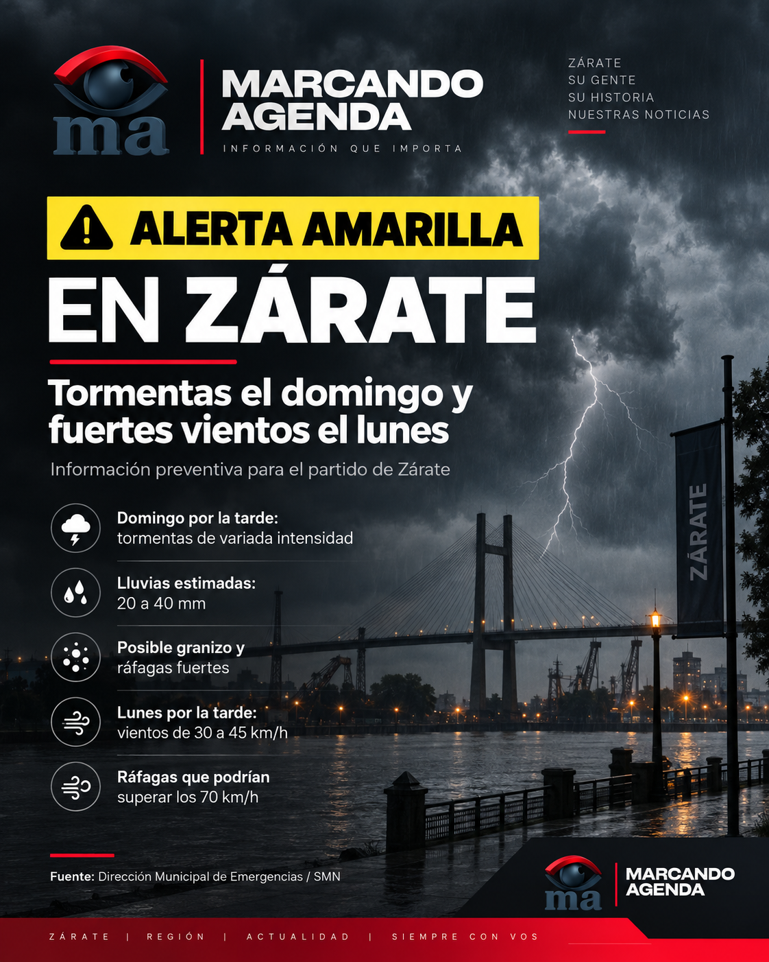 Alerta amarilla en Zárate por tormentas y fuertes vientos