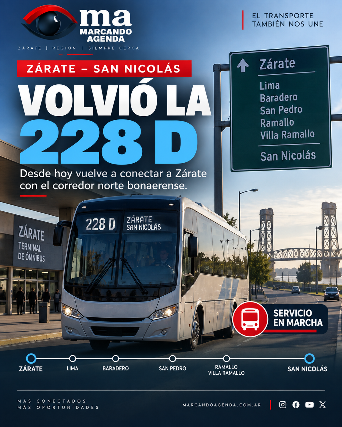 Línea 228 D que volvió a conectar Zárate con San Nicolás este lunes 21 de septiembre.