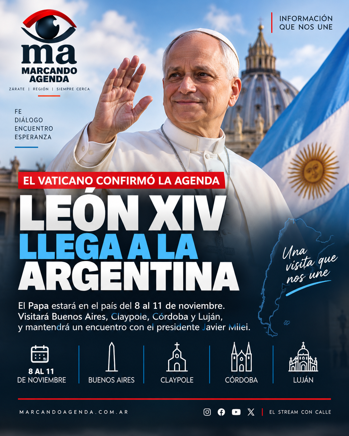 Papa León XIV durante una ceremonia en el Vaticano. La Santa Sede confirmó su agenda oficial en Argentina para noviembre de 2026.