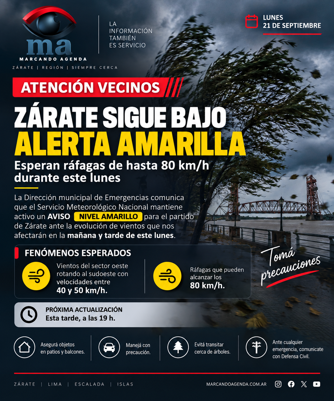 Emergencias municipal actualizó el reporte este lunes por la mañana. El alerta amarillo continúa vigente en Zárate, con ráfagas que podrían alcanzar los 80 km/h.