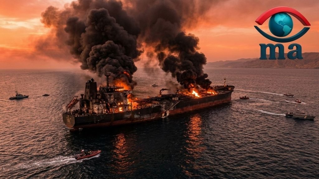 Petrolero de gran tamaño parcialmente hundido e incendado en el Estrecho de Ormuz al atardecer. Columnas densas de humo negro se elevan hacia el cielo naranja-rojizo, mientras el fuego ilumina el casco del buque y se refleja en el agua agitada. Varios barcos de escolta y lanchas de rescate se acercan a distancia segura. Horizonte marítimo con costa árida apenas visible al fondo, luz natural dramática, alto detalle, textura realista del metal quemado, agua y humo