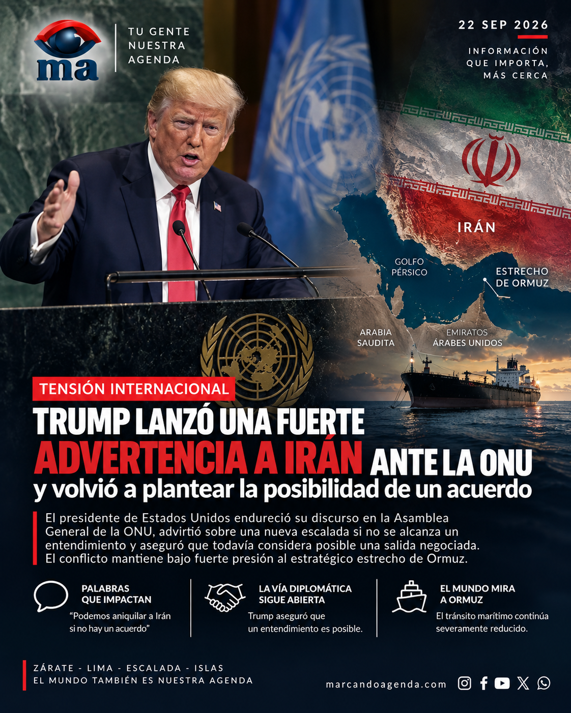 Donald Trump durante su discurso ante la Asamblea General de la ONU, junto a una composición del estrecho de Ormuz e Irán.