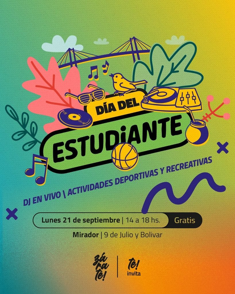 Zárate celebrará el Día del Estudiante con actividades gratuitas, deportes y DJ en vivo el 21 de septiembre en El Mirador.