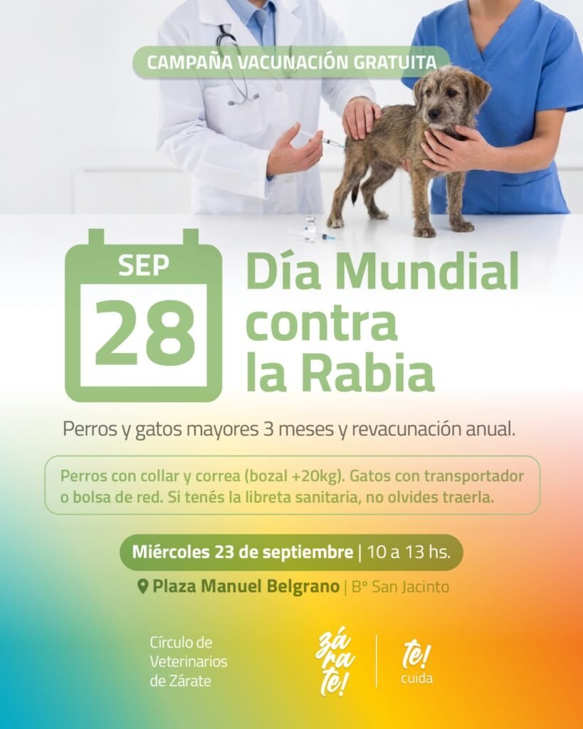 Flyer de la campaña de vacunación antirrábica gratuita en Plaza Manuel Belgrano, barrio San Jacinto.