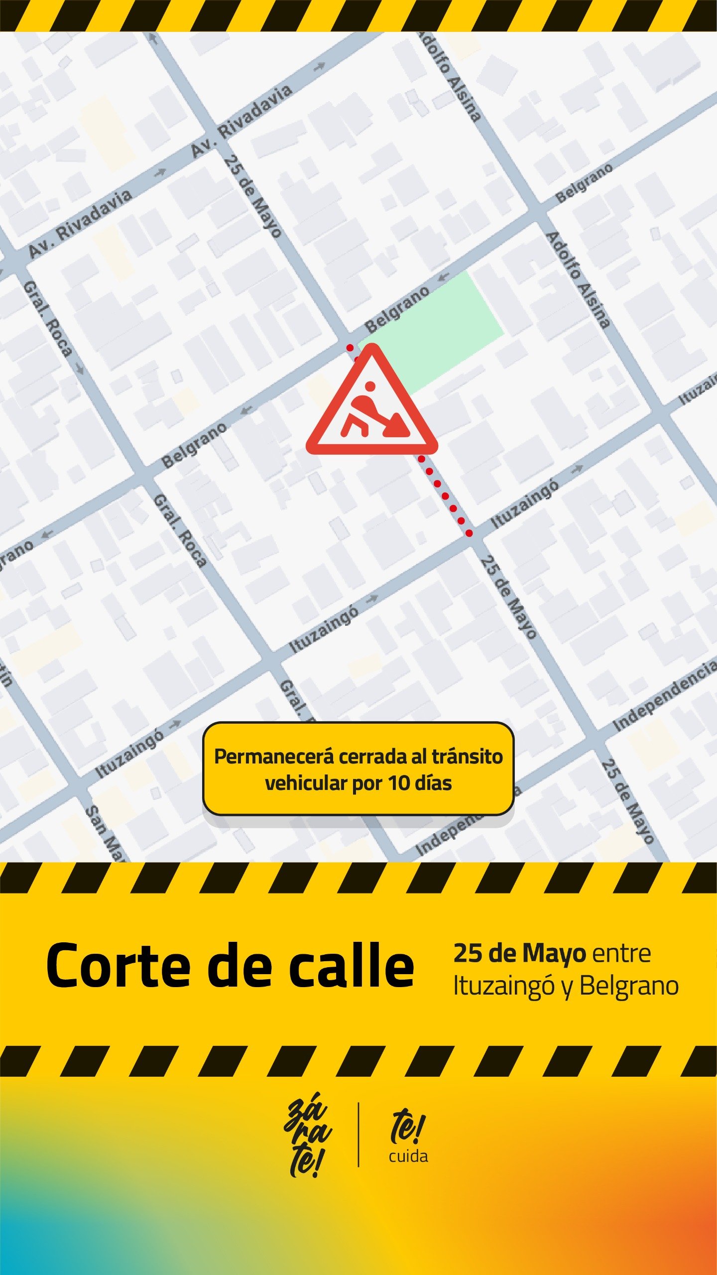 Corte de 25 de Mayo entre Ituzaingó y Belgrano en Zárate por obras.