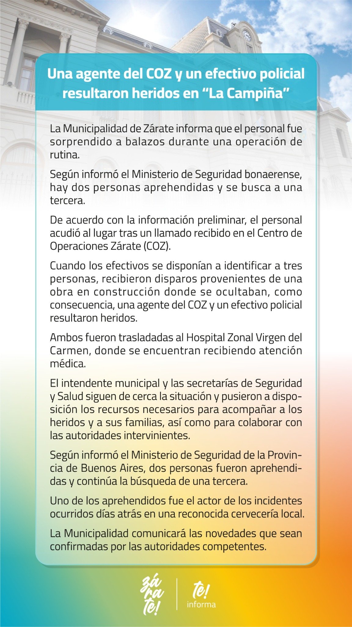 Placa oficial sobre el ataque armado en La Campiña que dejó heridos a una agente del COZ y a un policía