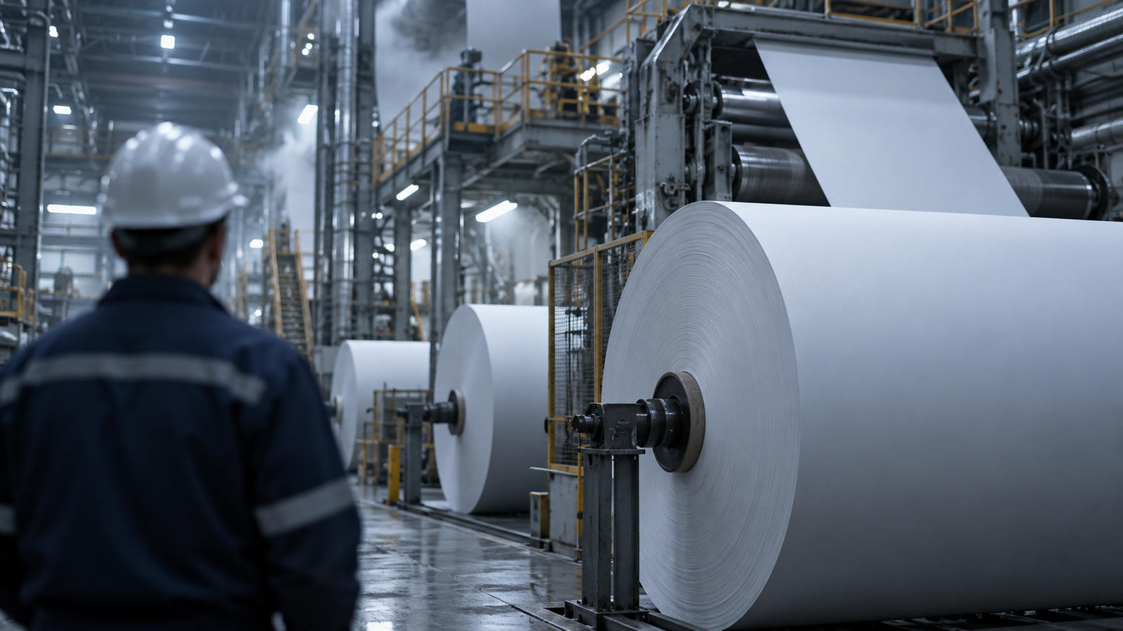 Imagen ilustrativa de una fábrica de papel con bobinas y una persona trabajadora de espaldas