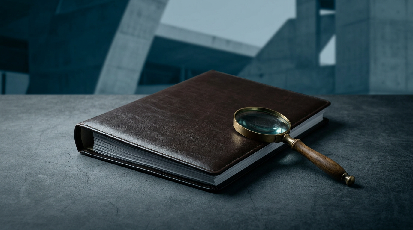 Magnifying glass resting on a closed leather-bound notebook