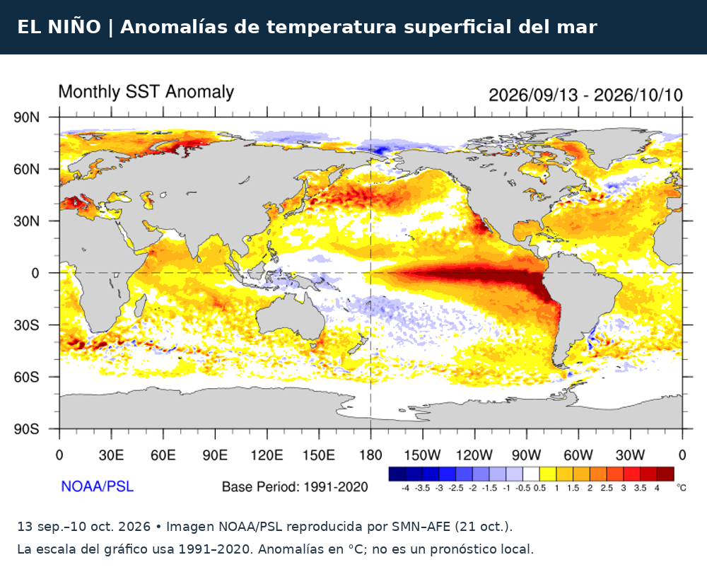 Mapa NOAA/PSL del 13 de septiembre al 10 de octubre de 2026: anomalías cálidas en el Pacífico ecuatorial central y oriental, en grados Celsius respecto de 1991–2020.