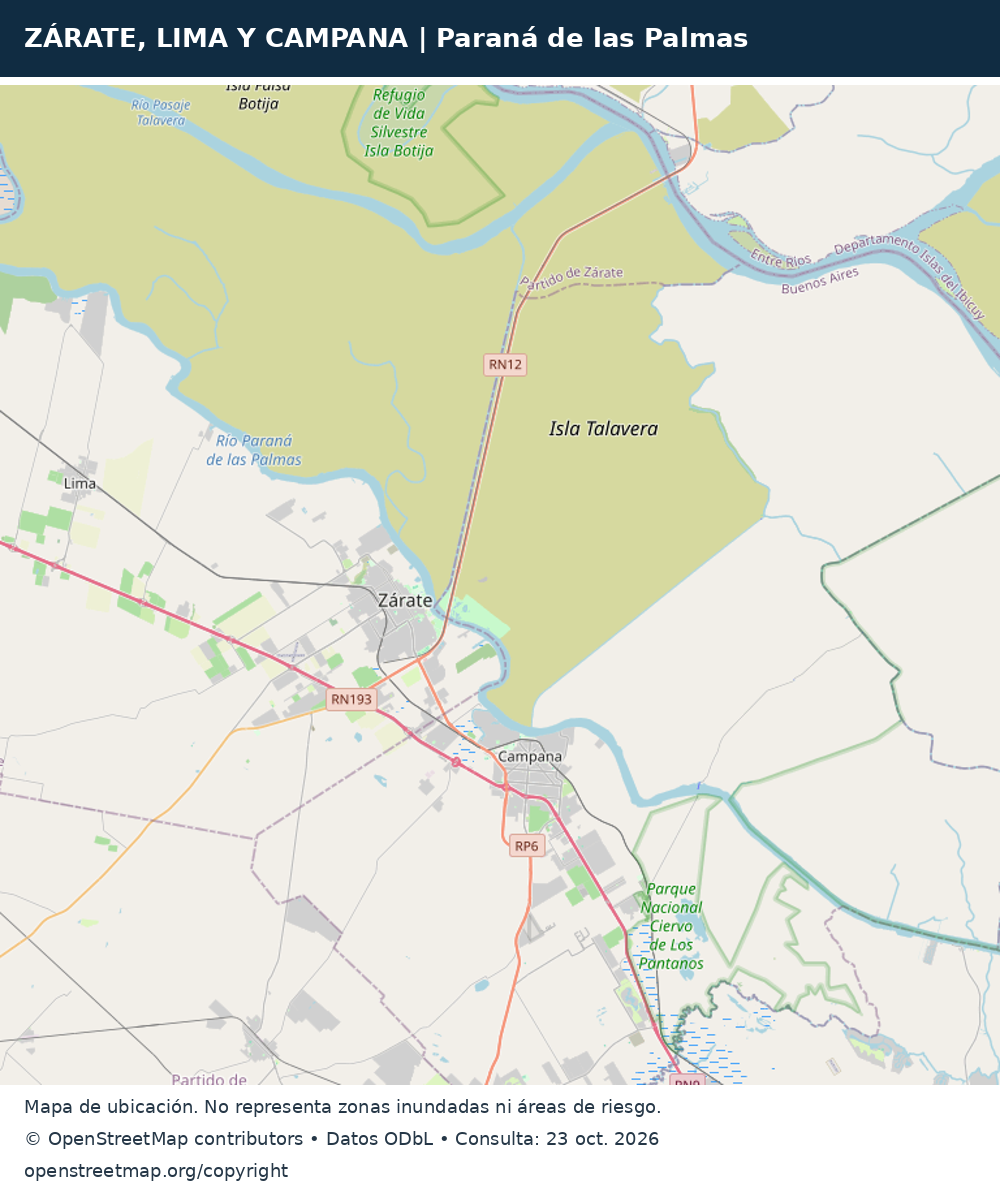 Mapa regional que ubica Lima al noroeste de Zárate, Campana al sudeste, el río Paraná de las Palmas e Isla Talavera. No delimita áreas de riesgo.