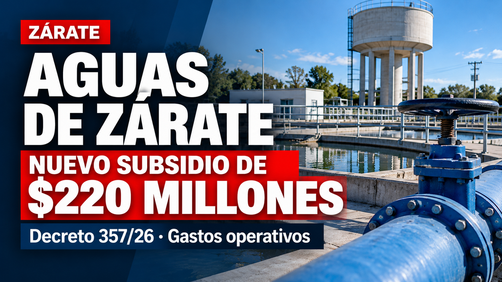 Nuevo subsidio de 220 millones de pesos para Aguas de Zárate SAPEM, Decreto 357/26. Composición gráfica ilustrativa.