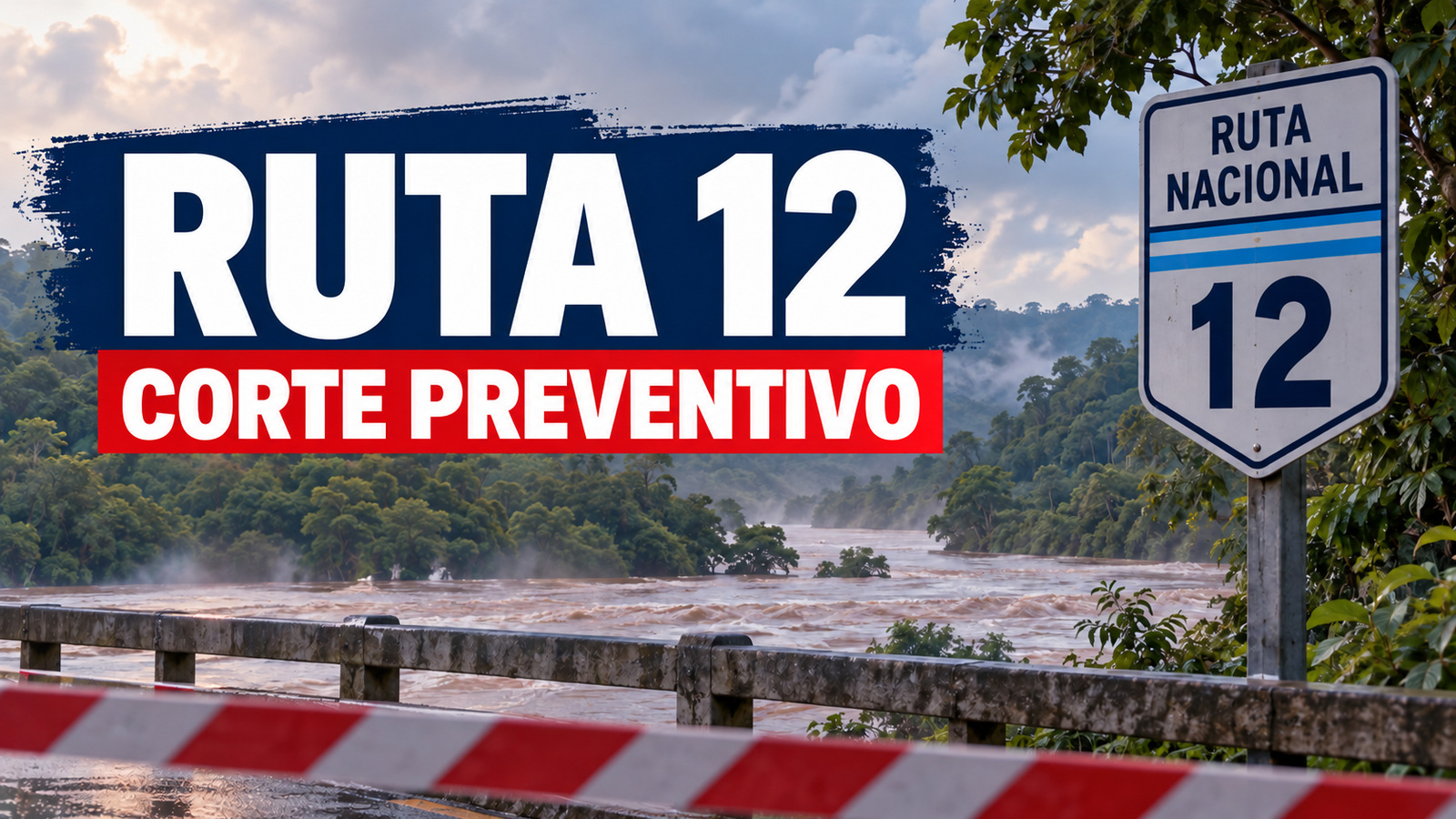 Placa ilustrativa sobre el corte preventivo de la Ruta Nacional 12 en Misiones por la crecida de los arroyos Paranay y Piray Guazú.