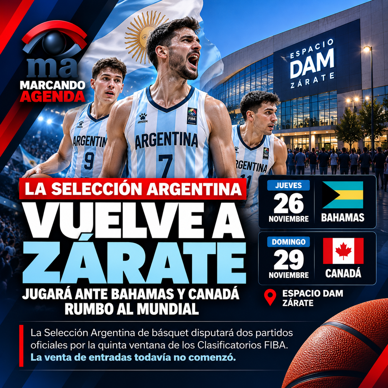 Placa sobre los partidos de Argentina ante Bahamas y Canadá en el Espacio DAM de Zárate.