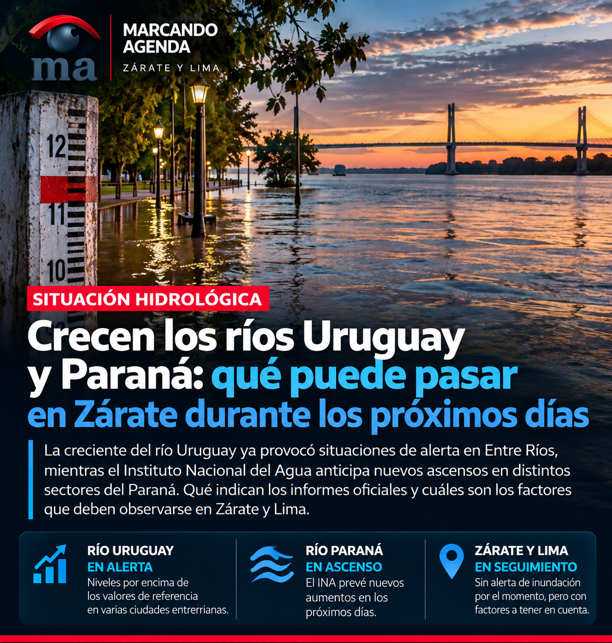 Ilustración con IA sobre las crecientes del Uruguay y Paraná. No representa una inundación real en Zárate.