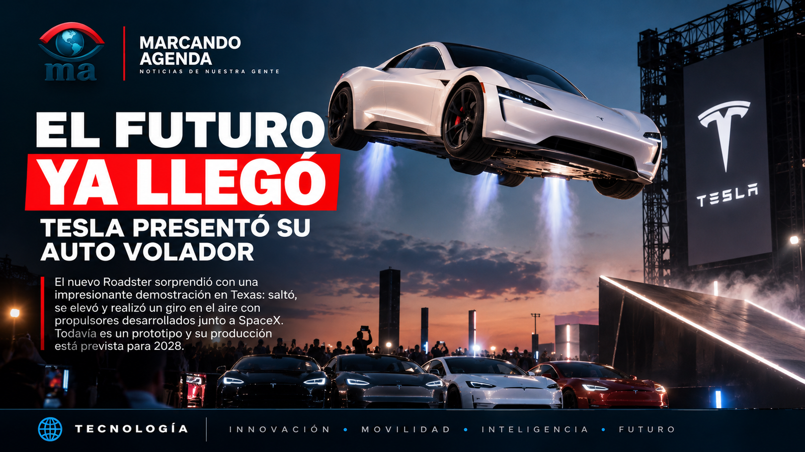 Recreación con IA de un deportivo Tesla elevado sobre otros vehículos, con la leyenda El futuro ya llegó.