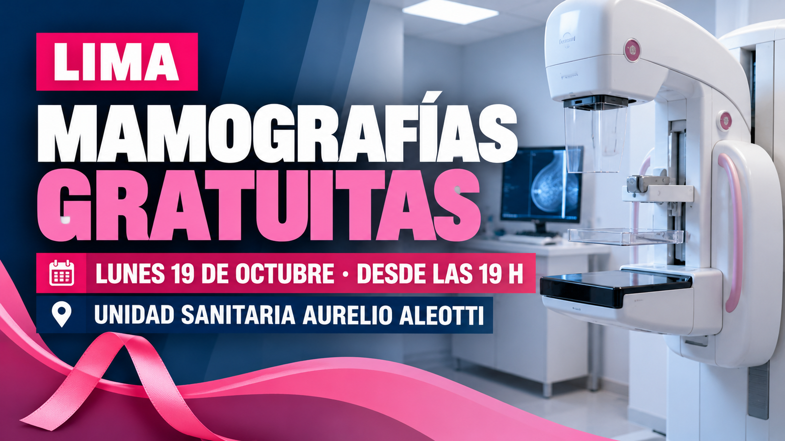 Mamografías gratuitas en Lima el lunes 19 de octubre de 2026 en la Unidad Sanitaria Aurelio Aleotti.