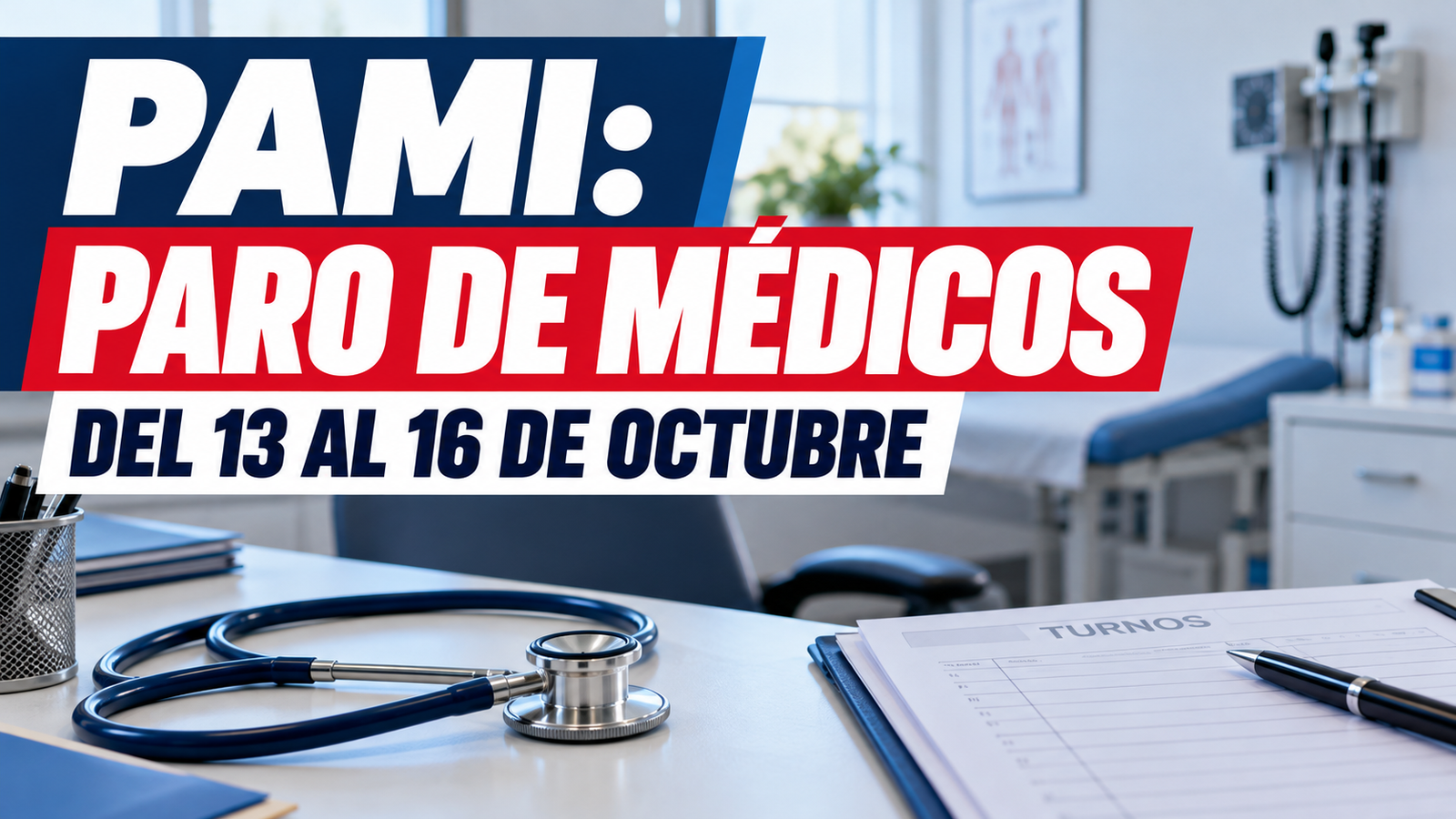 Placa informativa sobre el paro nacional de médicos de cabecera y odontólogos de PAMI del 13 al 16 de octubre de 2026.