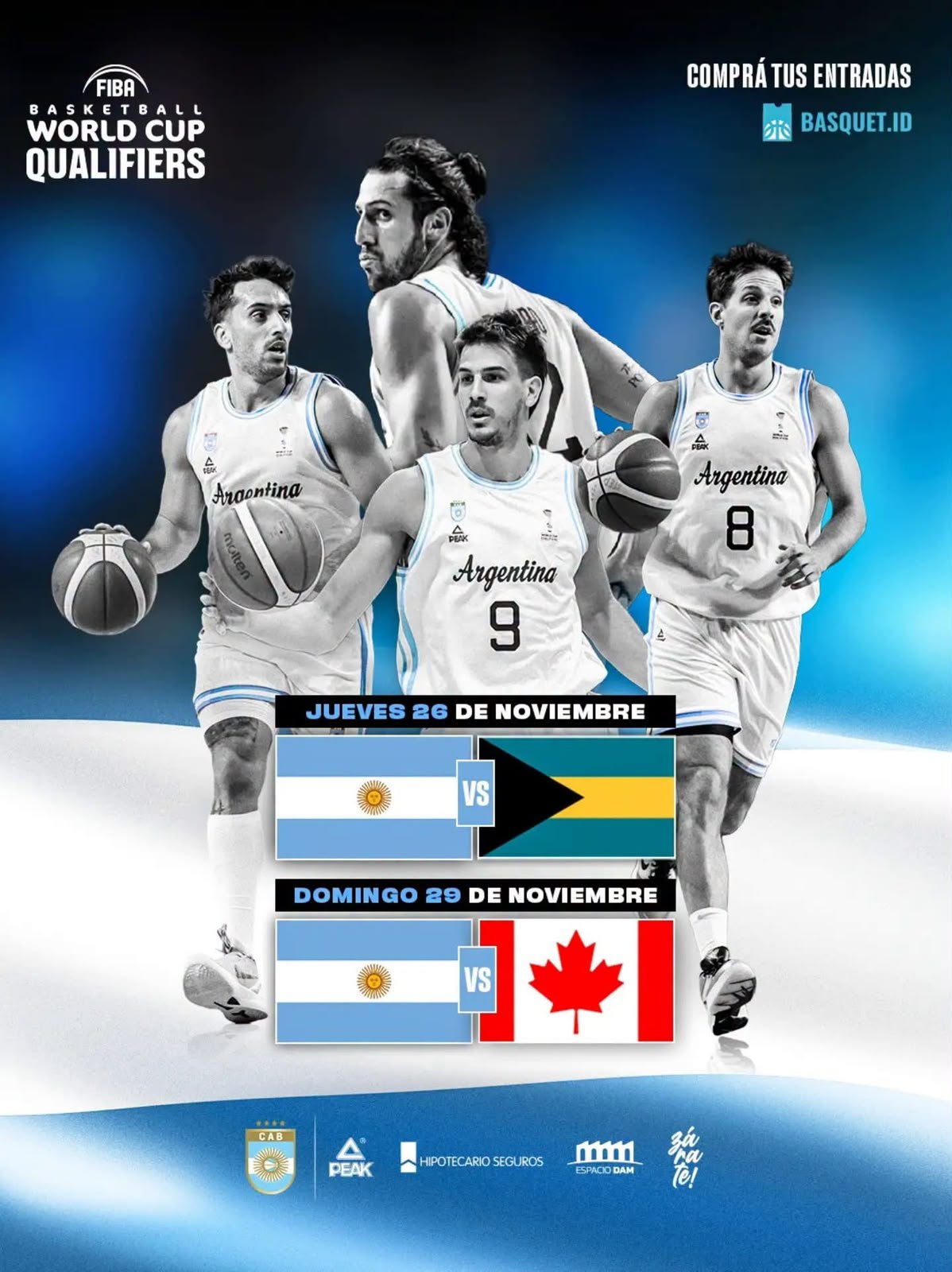 Afiche oficial de Argentina frente a Bahamas y Canadá, el 26 y 29 de noviembre de 2026 en el Espacio DAM de Zárate.