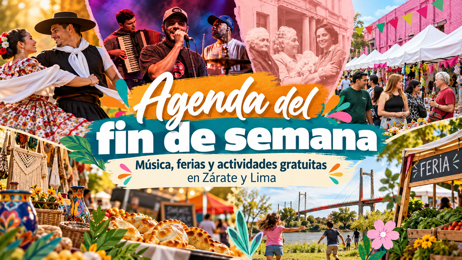 Collage ilustrativo de actividades culturales, musicales y ferias del fin de semana en Zárate y Lima