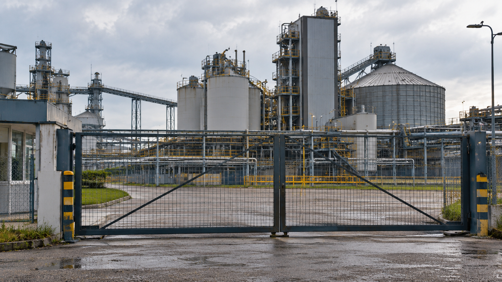 Ilustración de un complejo industrial con sus portones cerrados, para acompañar la noticia sobre Bunge Campana.