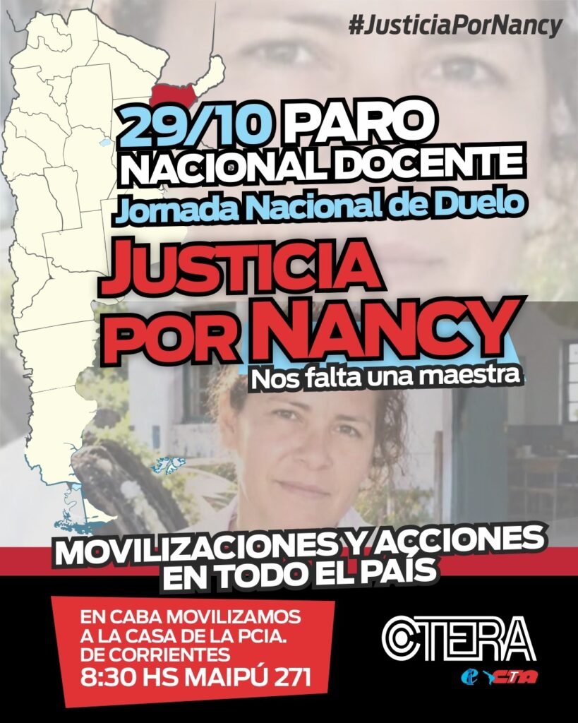Flyer de CTERA que anuncia el paro nacional docente del 29 de octubre de 2026, por justicia para Nancy Godoy.