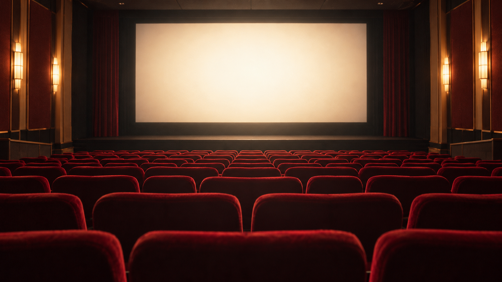 Ilustración de una sala de cine vacía con pantalla iluminada y butacas rojas