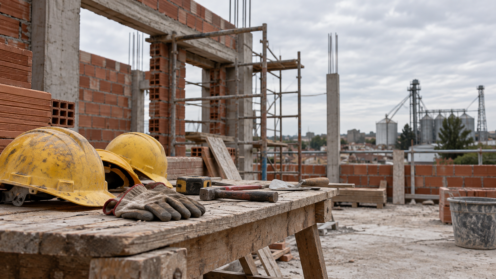 Cascos y herramientas sin uso en una obra en construcción, imagen ilustrativa