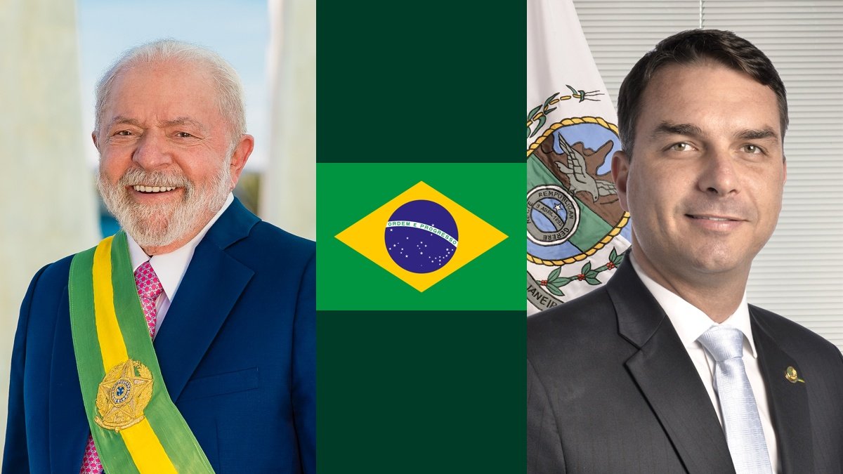 Lula da Silva a la izquierda y Flávio Bolsonaro a la derecha, con la bandera de Brasil en el centro.