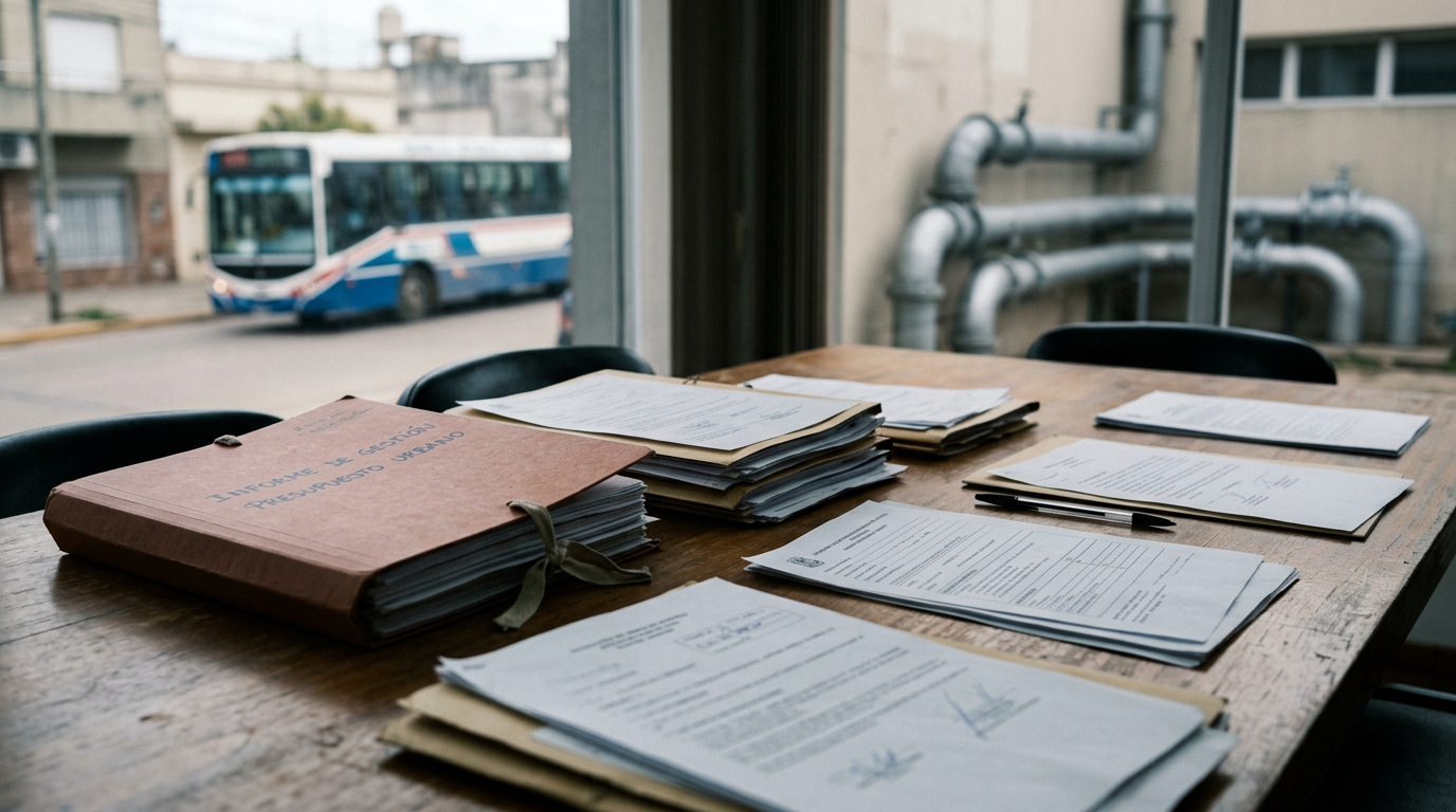 Carpeta y documentos sobre una mesa con un colectivo urbano y cañerías al fondo; imagen ilustrativa de servicios públicos en Zárate