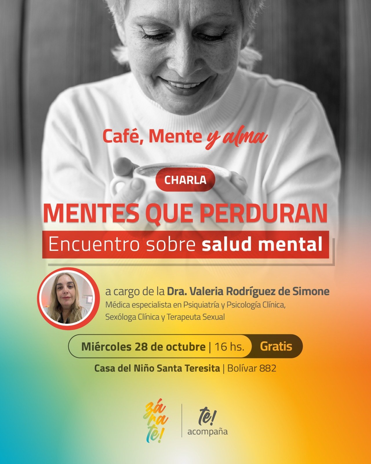 Afiche oficial del encuentro gratuito Mentes que perduran, del ciclo Café, Mente y Alma, previsto para el 28 de octubre de 2026 en Zárate.