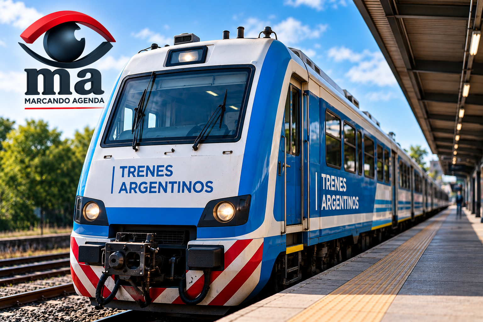 Formación de Trenes Argentinos en una estación, con el logo de Marcando Agenda.