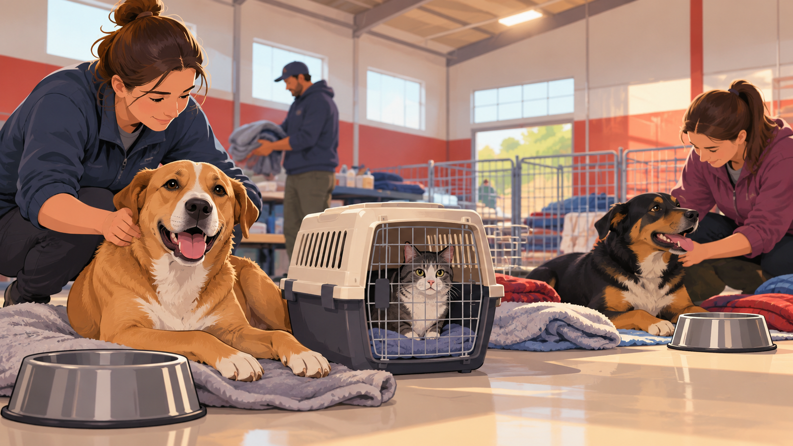 Ilustración editorial de perros y un gato atendidos por voluntarios en un refugio temporal de animales.